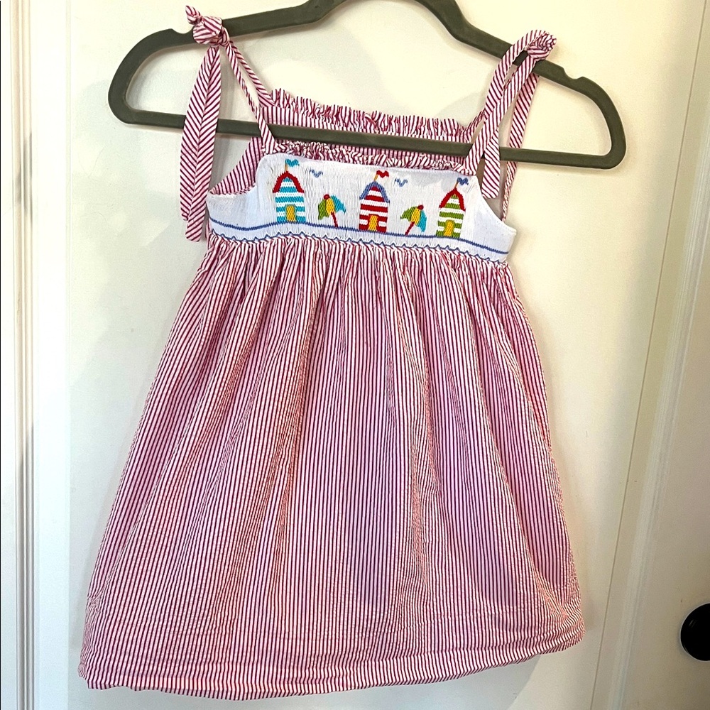 Velani Classics 100% cotten smocked beach themed cross stitched striped dress 4T